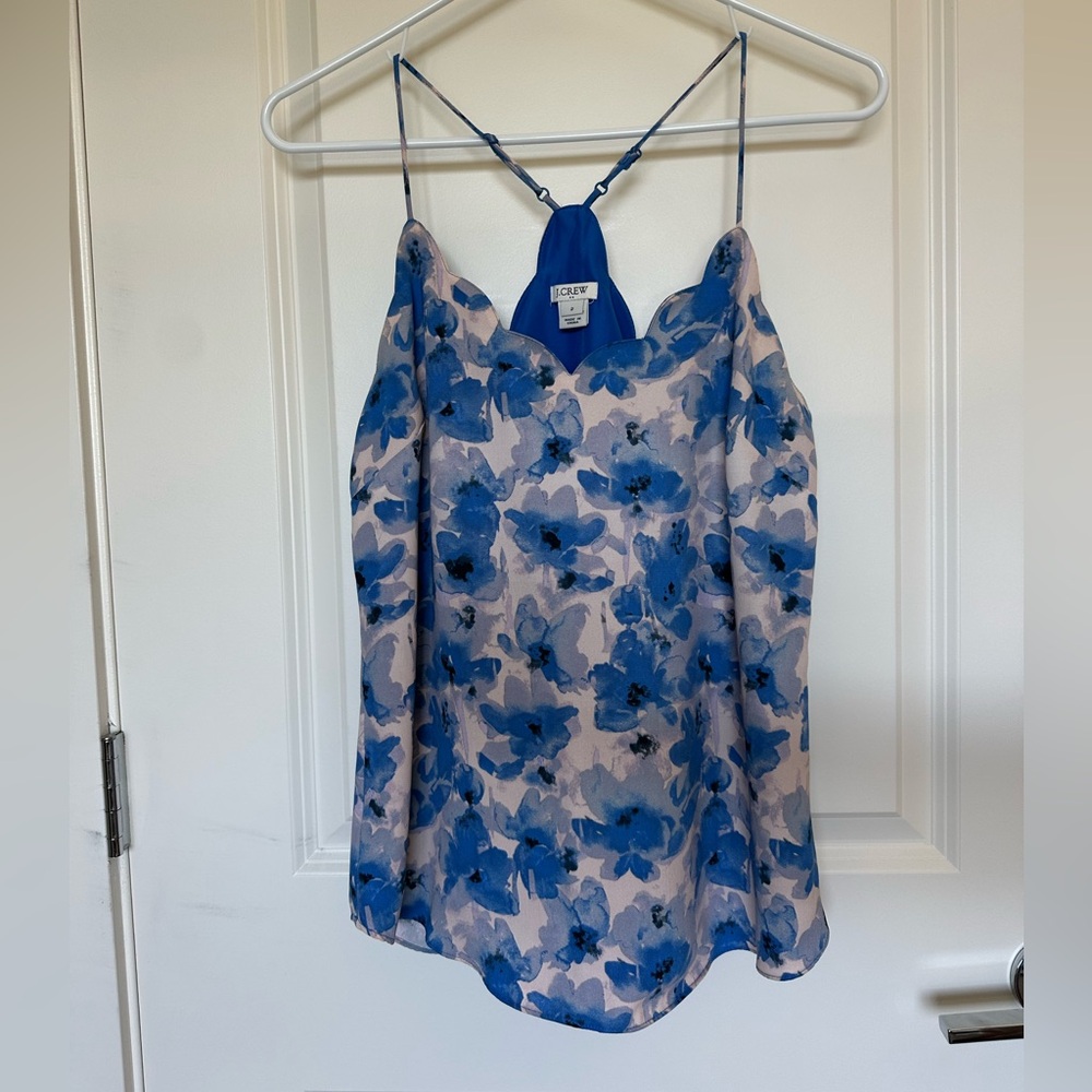 JCrew Blue floral scalloped tank, Sz 2
